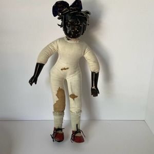 Porcelain Doll Altered Leather Hair Stained Painted Black Americana 15"